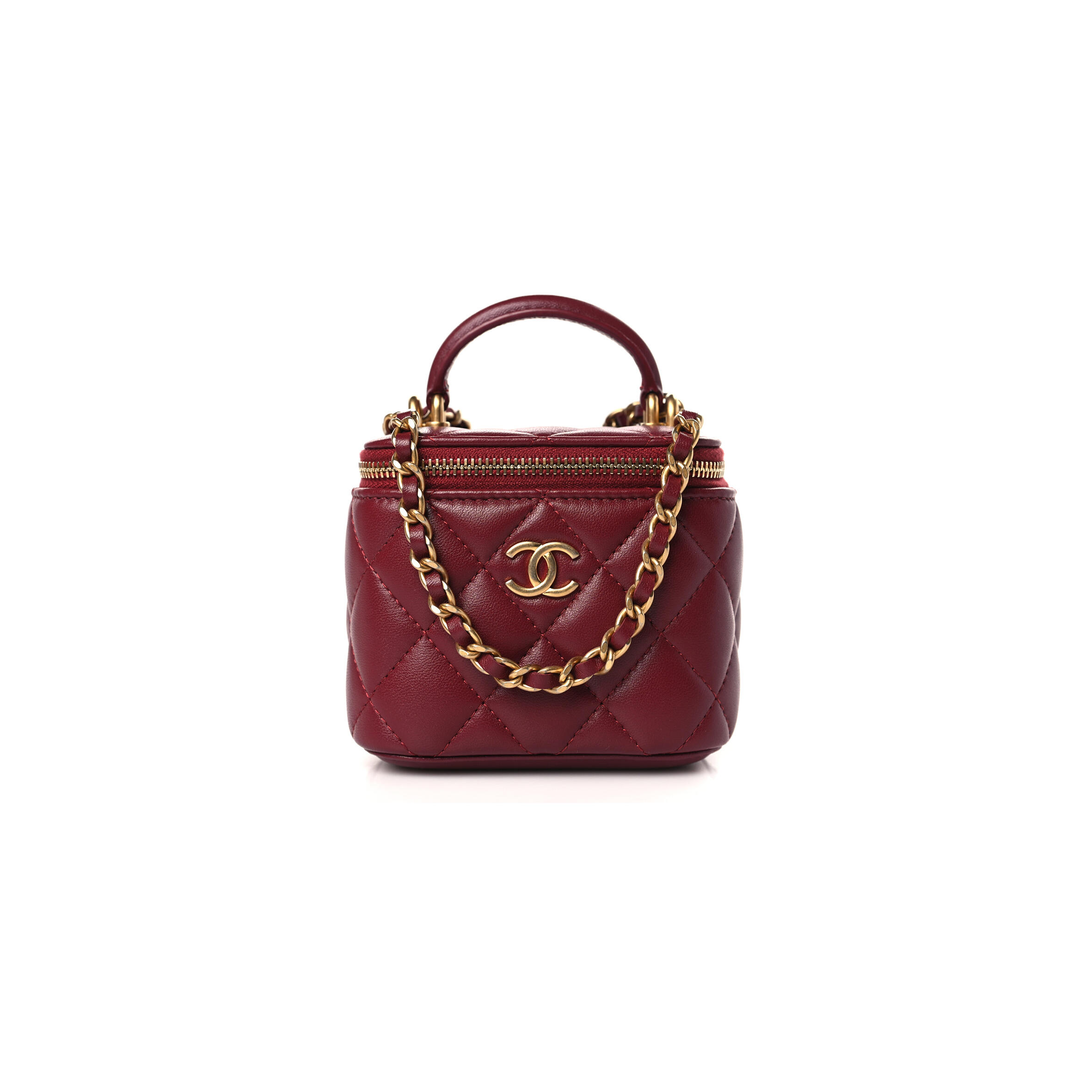 Ch**el lambskin quilted mini top handle vanity case with chain burgundy 1271085 (10*9*7cm)